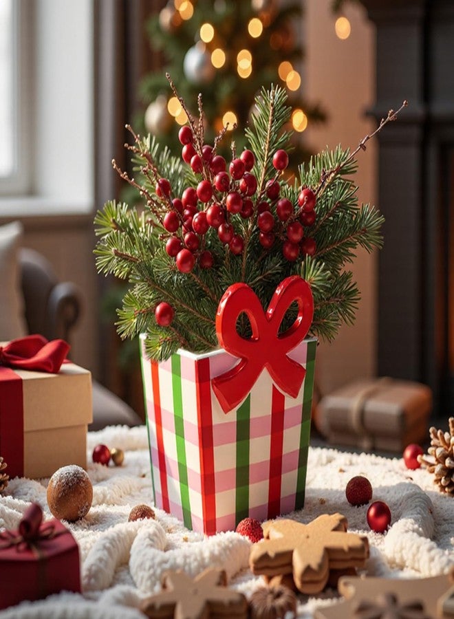 DIF DECO Red Bow Christmas Vase, 6.5 Inch Ceramic Unique Wide Paper Bag Vase, Xmas Cute Holiday Flower Pot for Centerpieces/Home/Living Room/Shelf Table, Modern Decor - Image 1
